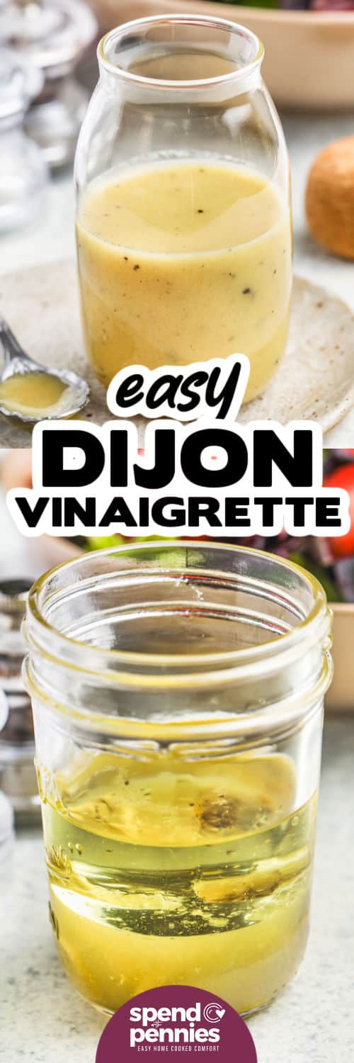 Gemakkelijke Dijon-saus voor en na het mengen van ingrediënten met de titel